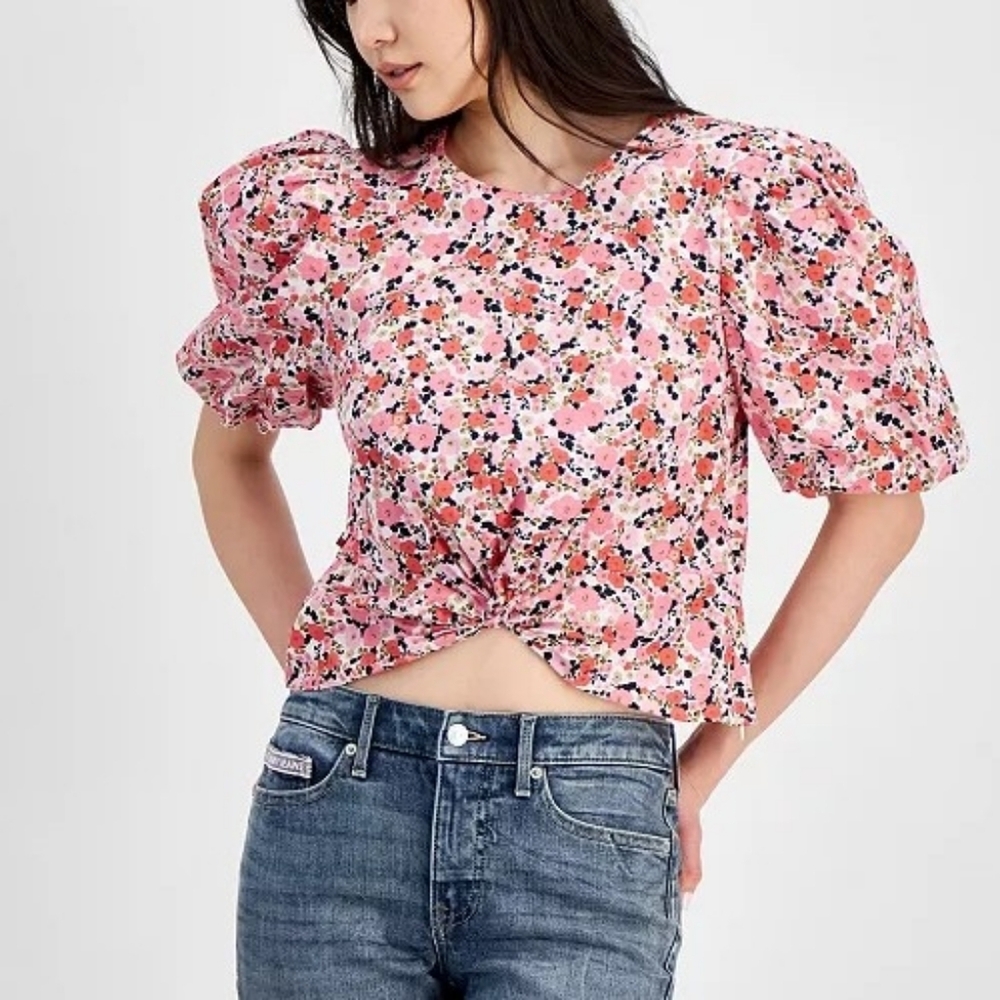 Tommy Hilfiger Pink Floral Puff-Sleeve Knot Front Top